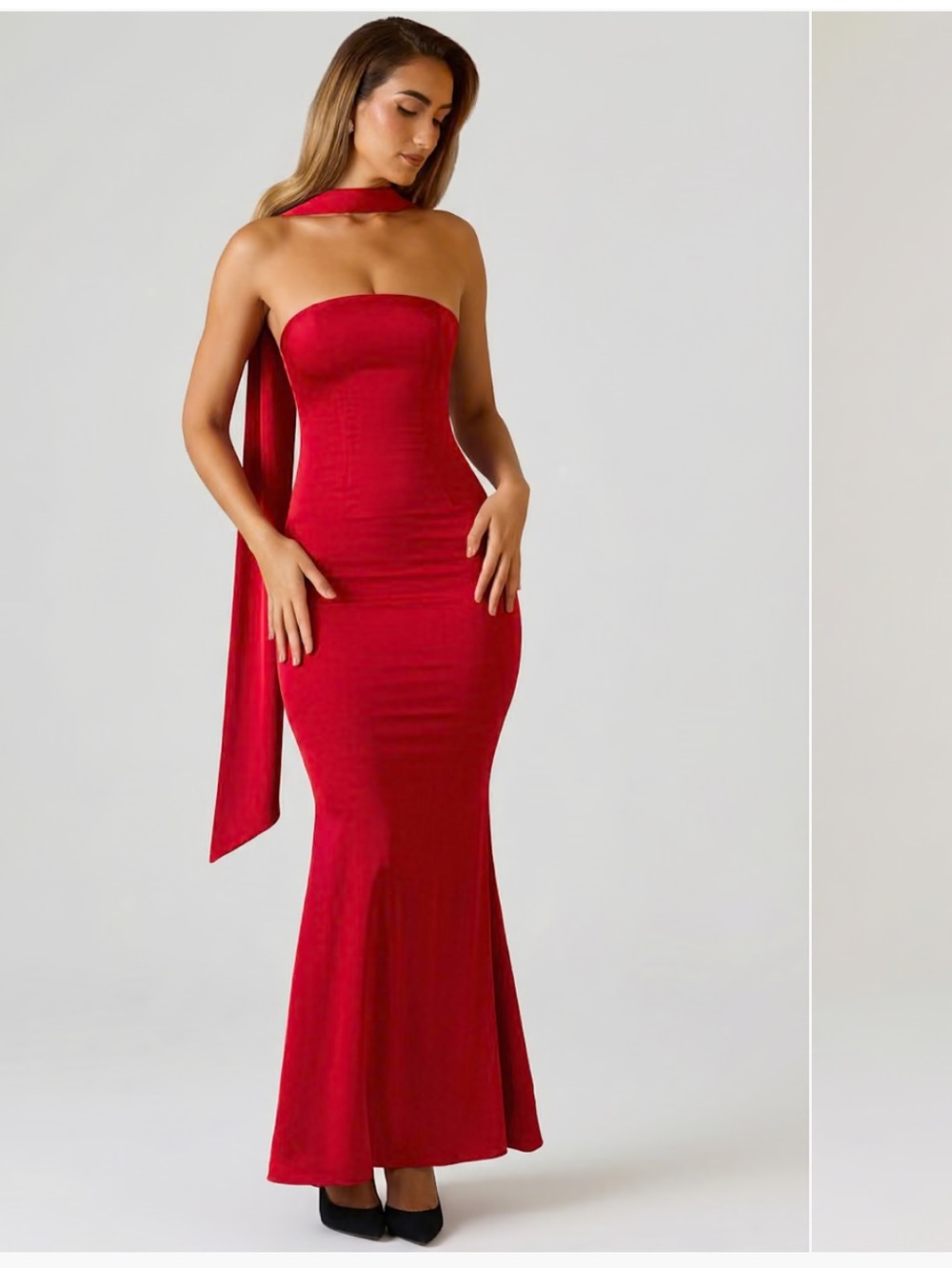 Oh Polly Strapless Scarlet Red Mermaid Gown with Scarf Detail
